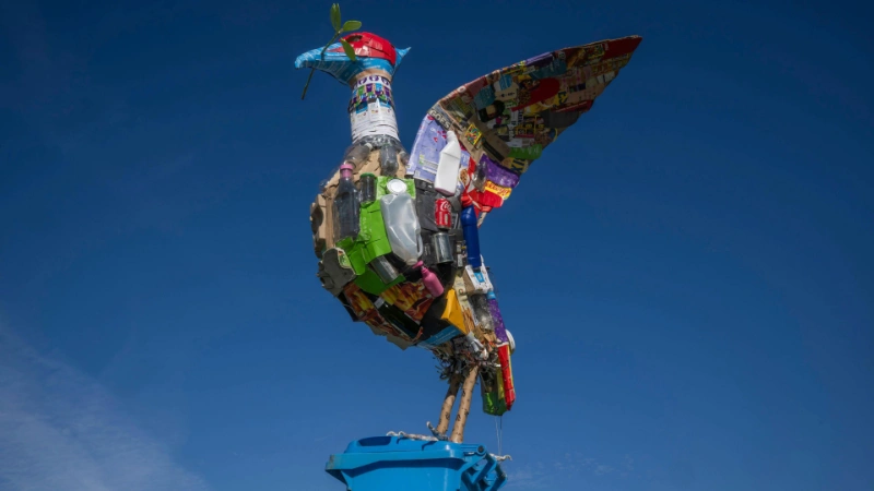 Liver bird sculpture made entirely from recycled materials